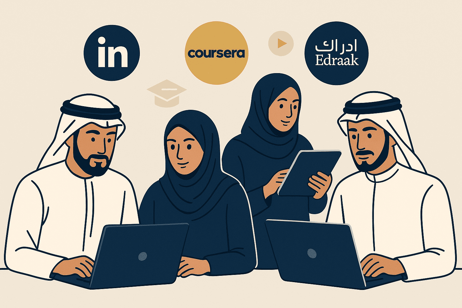 شخصيات خليجية محترفة ترمز إلى تسويق السيرة الذاتية باستخدام أدوات مثل LinkedIn و Coursera.