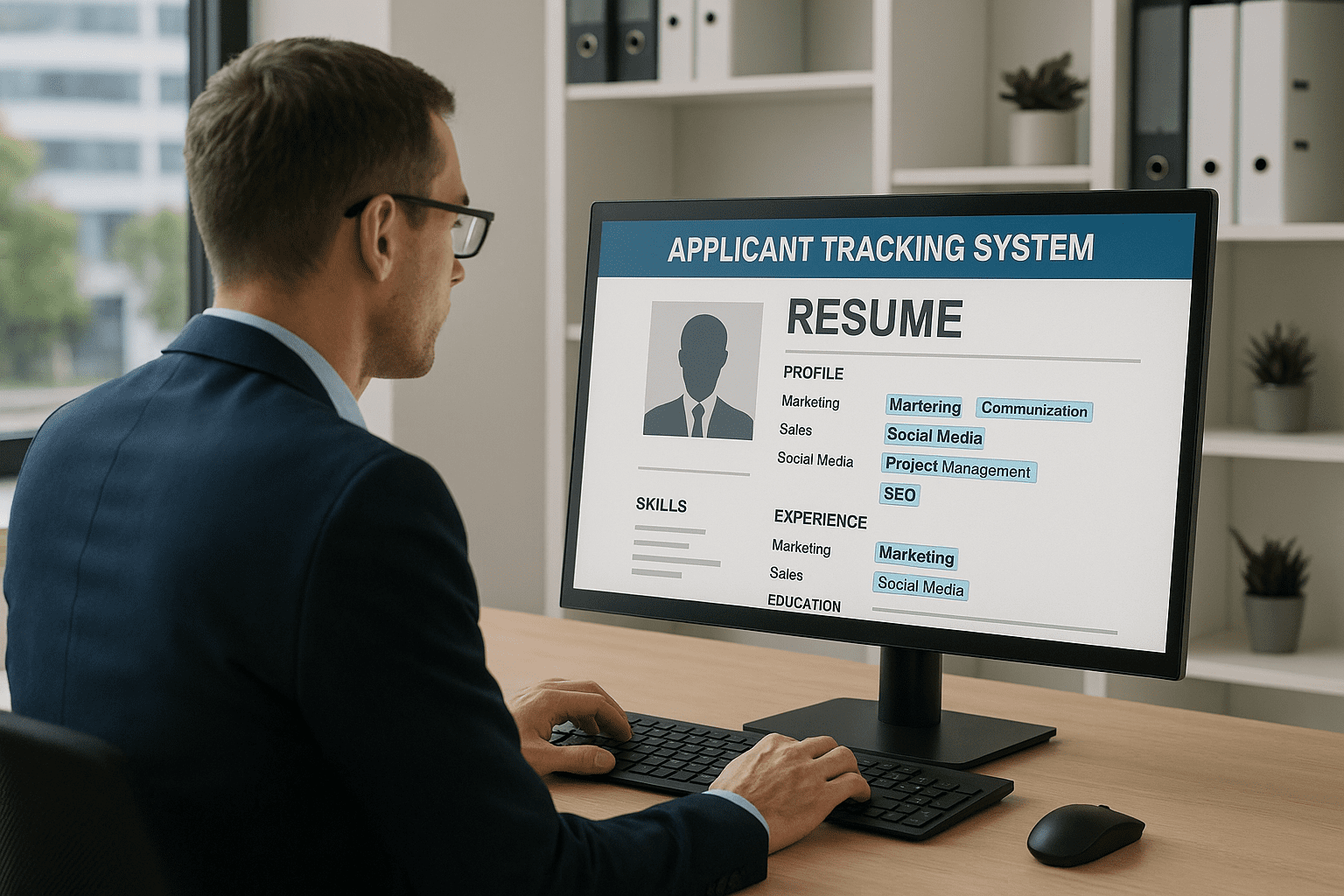 مسؤول توظيف ينظر إلى شاشة تعرض نتائج نظام تتبع المتقدمين (ATS) لسيرة ذاتية.