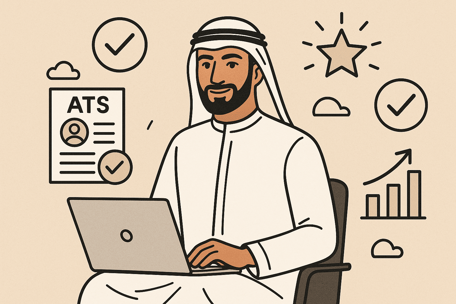 رجل أعمال خليجي يستخدم نظام ATS لفحص السير الذاتية، مما يؤكد أهمية تحسين السيرة الذاتية للمنصات.