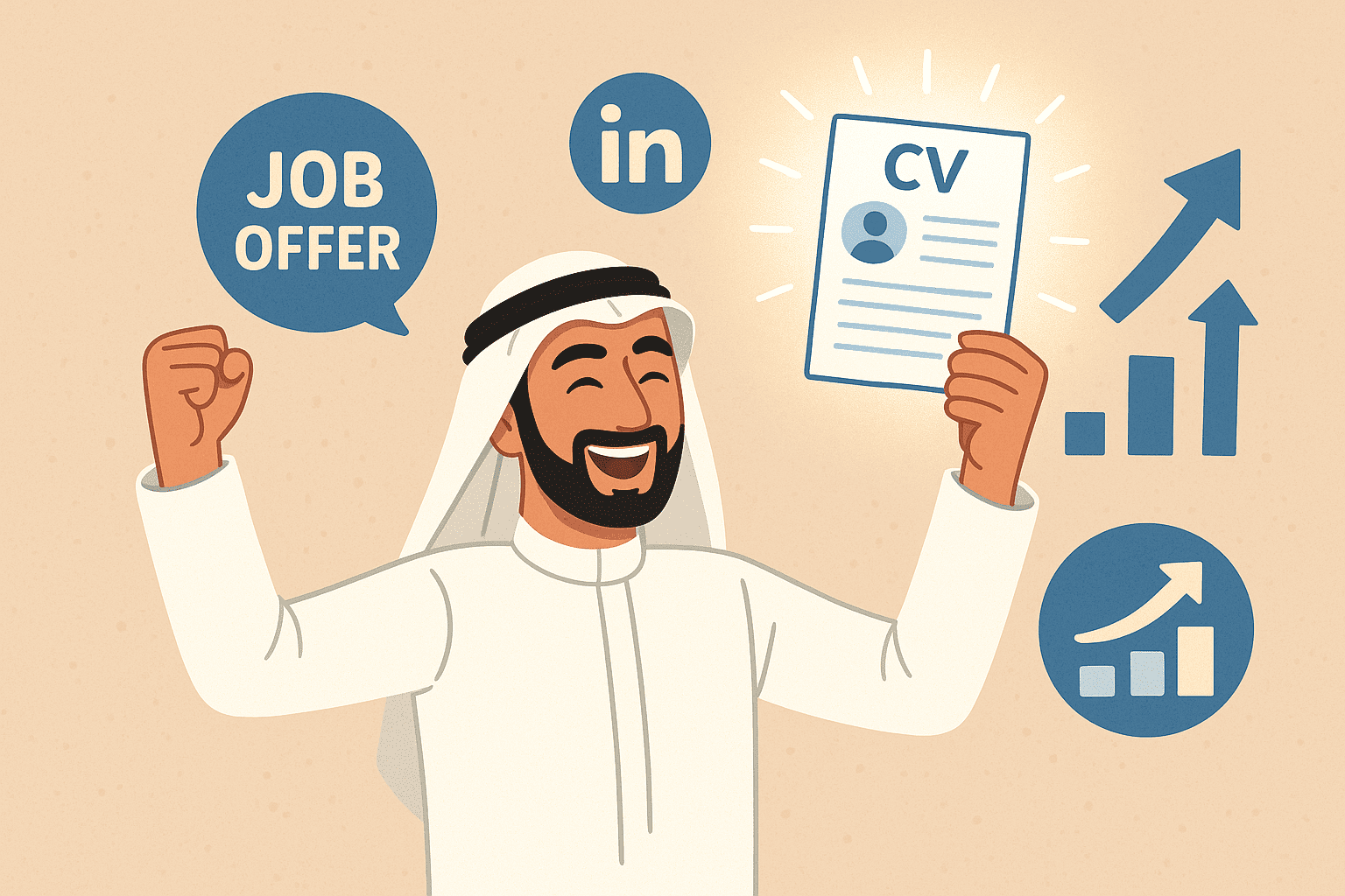 شاب سعودي سعيد يحمل أيقونات CV و Job Offer بعد نجاحه في تسويق سيرته الذاتية.