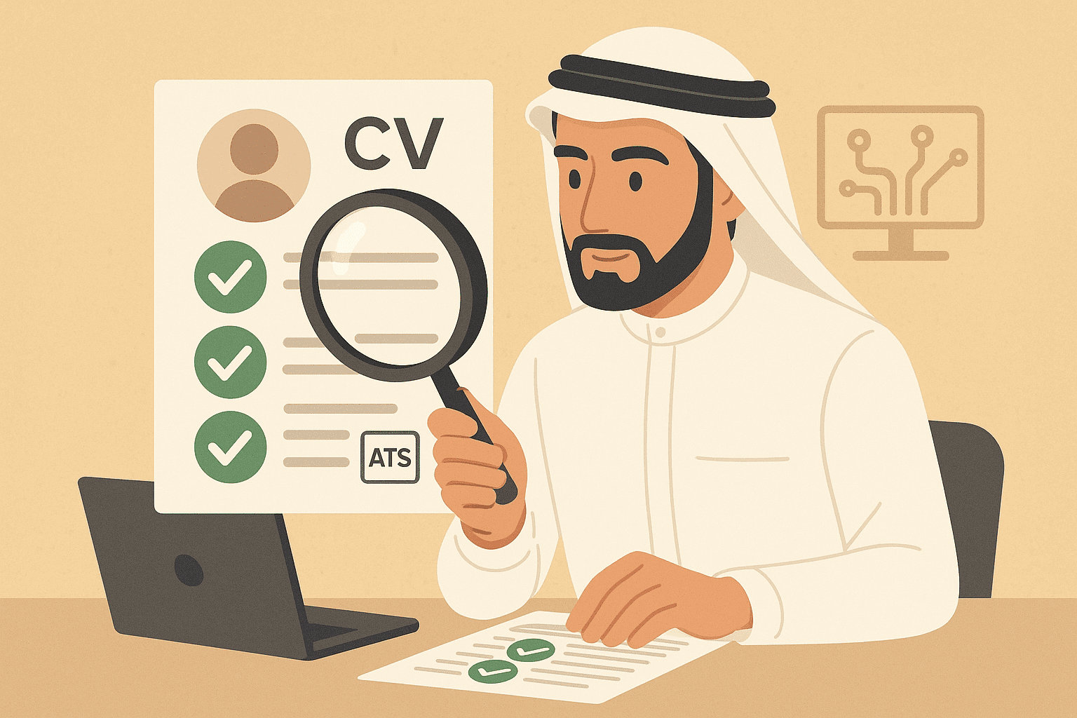 رسم توضيحي لعملية **كتابة سيرة ذاتية تتجاوز ATS** بنجاح باستخدام الكلمات المفتاحية الصحيحة.