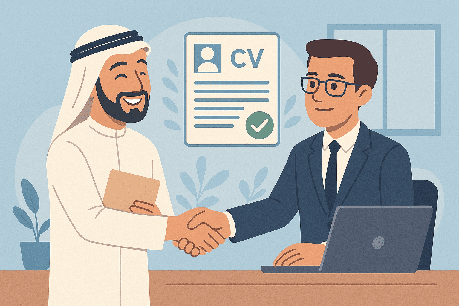 شاب سعودي يقوم بمصافحة مدير توظيف بعد نجاحه في الحصول على الوظيفة بفضل سيرته الذاتية المتوافقة مع ATS.