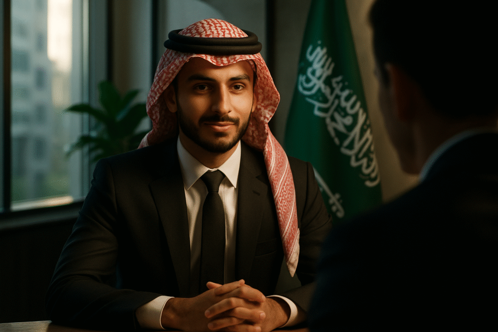 مقابلات العمل في السعودية – شاب سعودي أنيق يجلس في مقابلة توظيف داخل مكتب حديث.