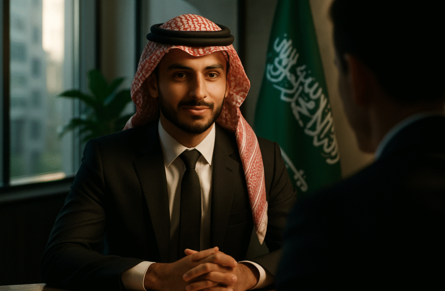 مقابلات العمل في السعودية – شاب سعودي أنيق يجلس في مقابلة توظيف داخل مكتب حديث.