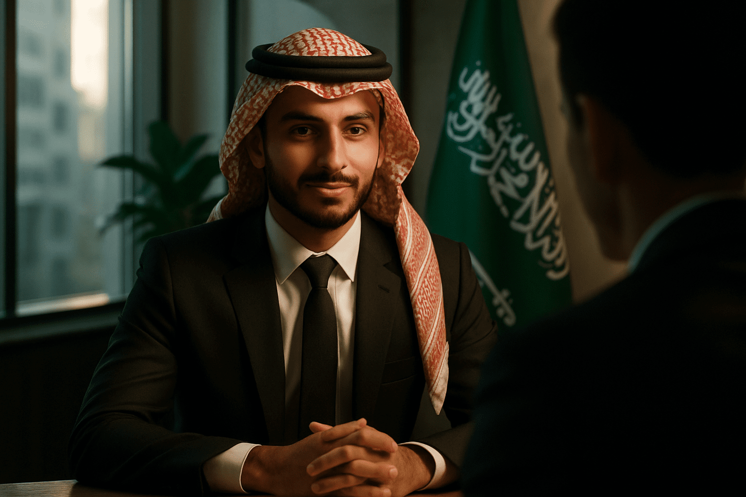 مقابلات العمل في السعودية – شاب سعودي أنيق يجلس في مقابلة توظيف داخل مكتب حديث.