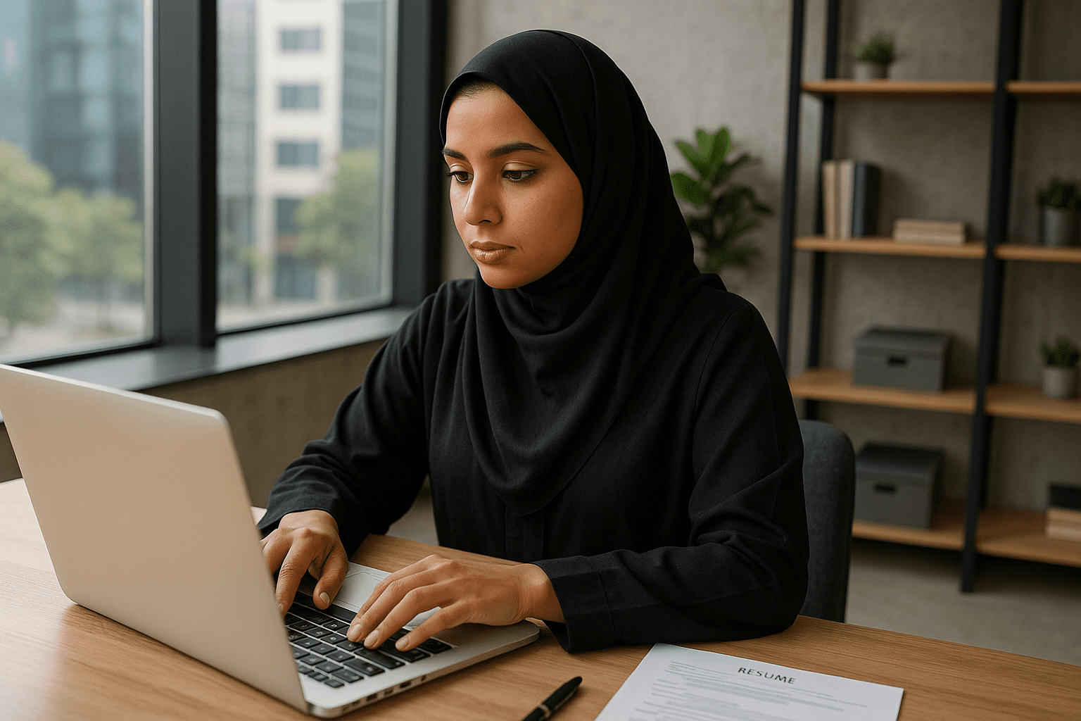 باحثة سعودية تبحث عن معلومات الشركة قبل مقابلة العمل.