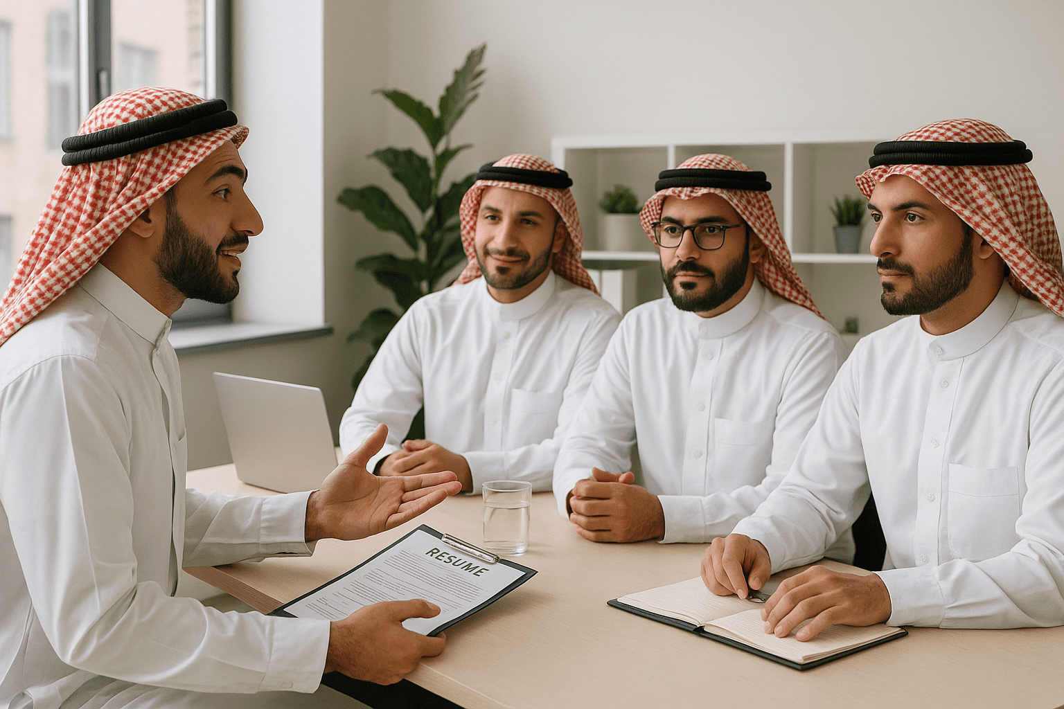 مرشح عمل عربي يقدم خبراته بثقة أمام لجنة مقابلة سعودية.