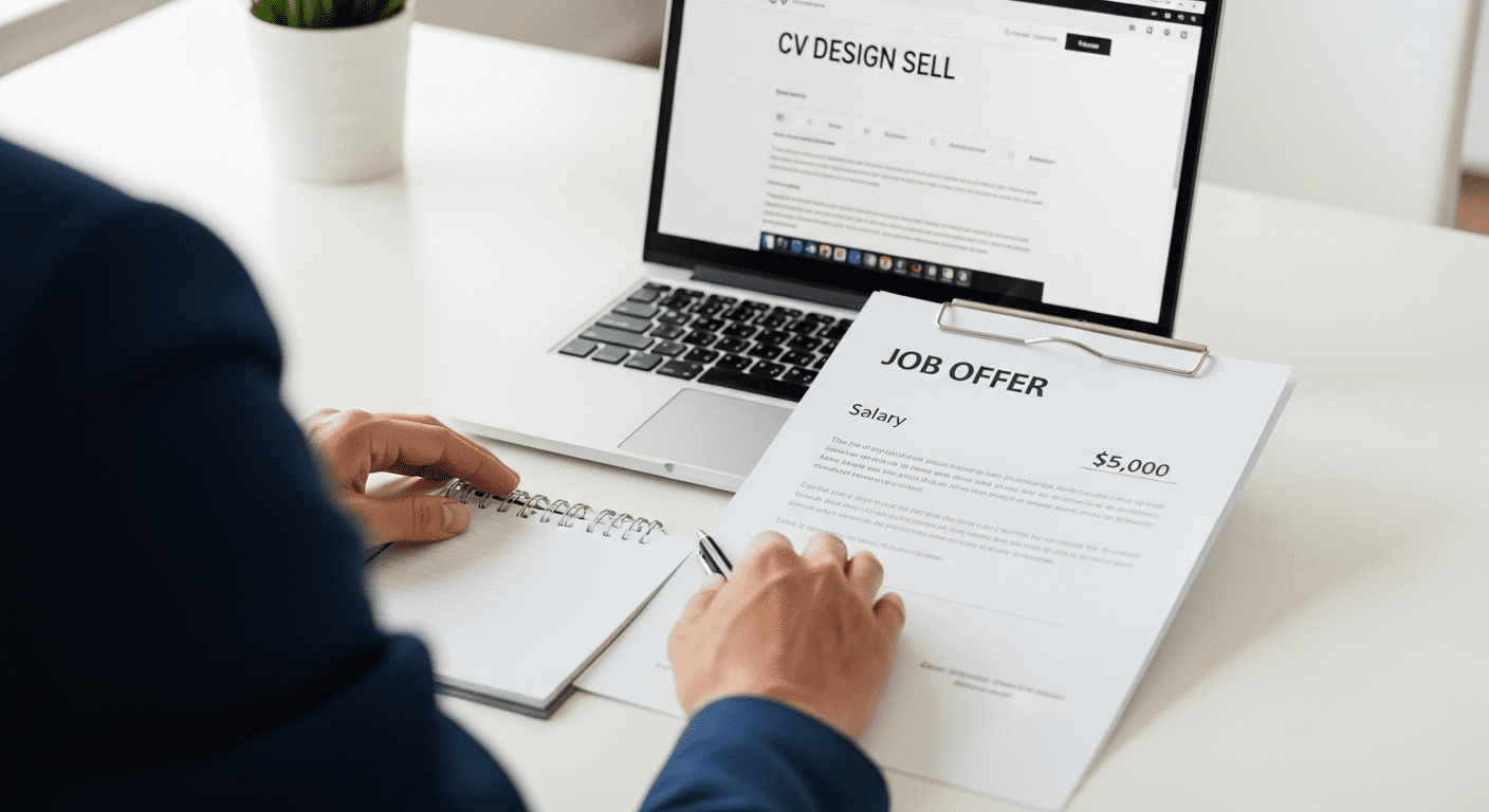 شخص يتلقى عرض عمل براتب مرتفع بعد استخدام دليل الرواتب وسيرة ذاتية احترافية.