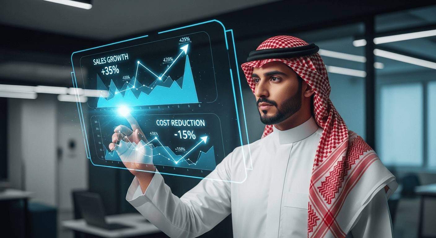 الذكاء الاصطناعي يقرأ سيرتك الذاتية: 7 أسرار لا يعرفها 99% من المتقدمين للوظائف 2 رجل أعمال سعودي يستخدم شاشة هولوغرافية، مثال على أن **الذكاء الاصطناعي يقرأ سيرتك الذاتية** من خلال الأرقام والإنجازات.