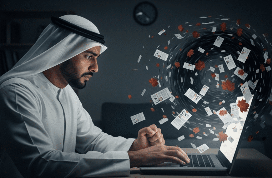 Blog 3 رجل سعودي محبط يرى سيرته الذاتية تختفي في ثقب أسود، يرمز إلى التقدم لوظائف شبحية.