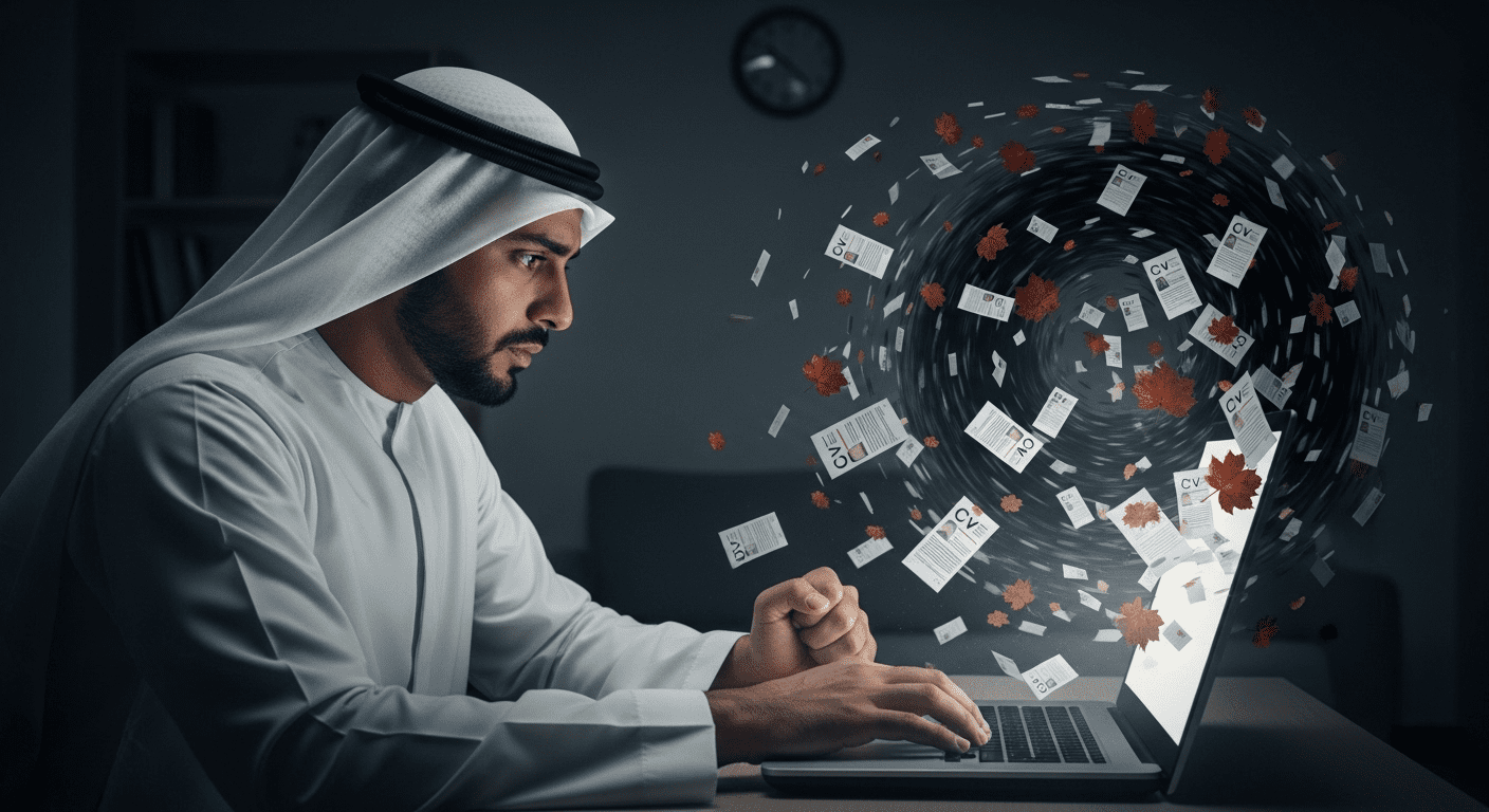 رجل سعودي محبط يرى سيرته الذاتية تختفي في ثقب أسود، يرمز إلى التقدم لوظائف شبحية.