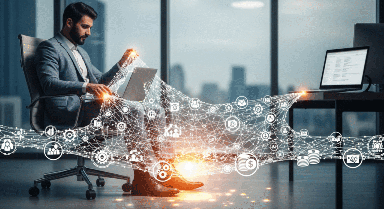 رجل أعمال سعودي يقوم ببناء وسادة أمان رمزية تحت كرسيه، ترمز إلى استراتيجية التوسيد الوظيفي.