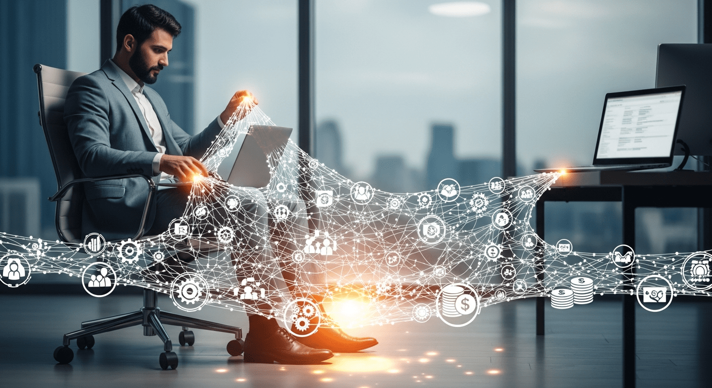 رجل أعمال سعودي يقوم ببناء وسادة أمان رمزية تحت كرسيه، ترمز إلى استراتيجية التوسيد الوظيفي.