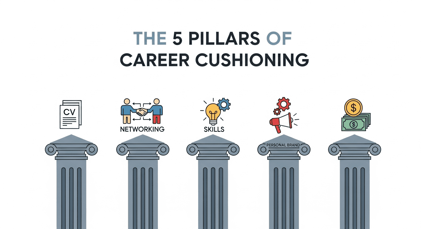 التوسيد الوظيفي (Career Cushioning): تصرف وكأنك ستُطرد غداً (استراتيجية الأمان الوظيفي الجديدة) 2 إنفوجرافيك يوضح الأعمدة الخمسة لاستراتيجية التوسيد الوظيفي: السيرة الذاتية، الشبكة، المهارات، العلامة التجارية، والمال.